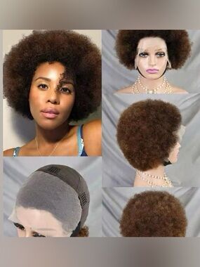 Human Afro Hair Mix Brown Short Afro Lace Front Wig for Women - Natural Texture